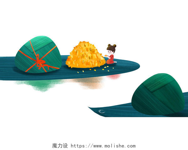 彩色手绘卡通端午节粽子人物游船传统节日元素PNG素材